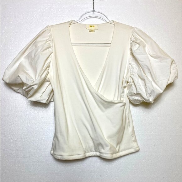 Maeve Anthropologie Medium White Puff Sleeve Wrap Top Sexy Stretch Pinup Boho - Picture 1 of 5